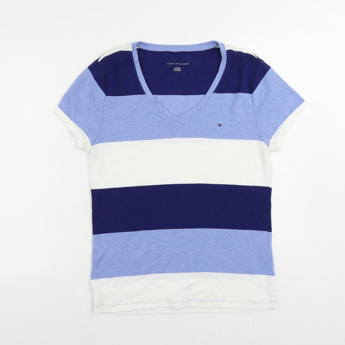 Tommy Hilfiger Womens Blue Striped Cotton Basic T-Shirt Size XL V-Neck - Vintage Logo