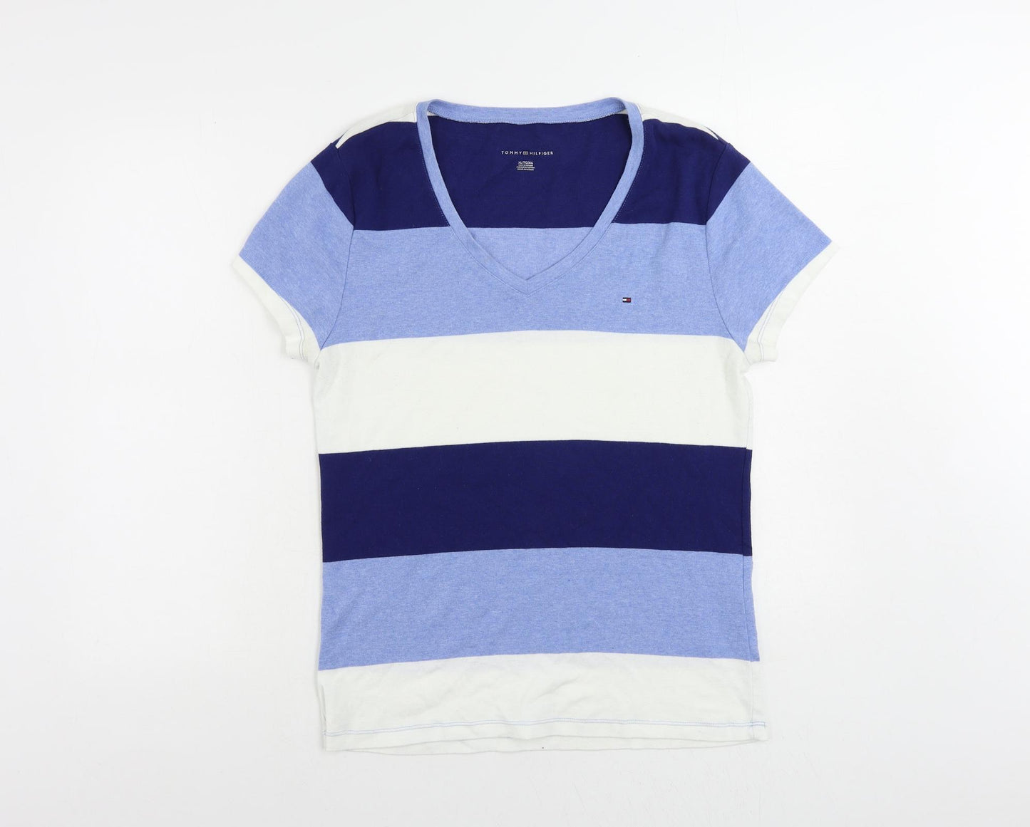 Tommy Hilfiger Womens Blue Striped Cotton Basic T-Shirt Size XL V-Neck - Vintage Logo