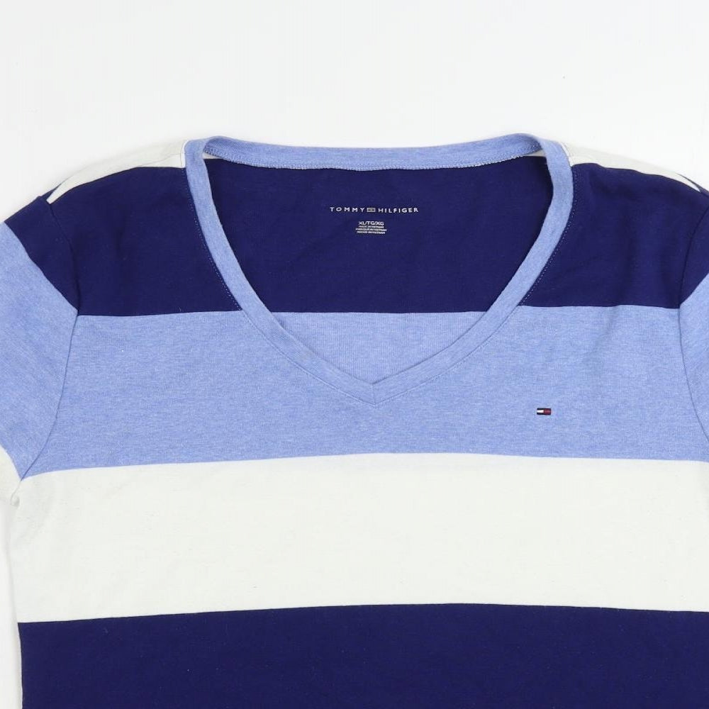 Tommy Hilfiger Womens Blue Striped Cotton Basic T-Shirt Size XL V-Neck - Vintage Logo