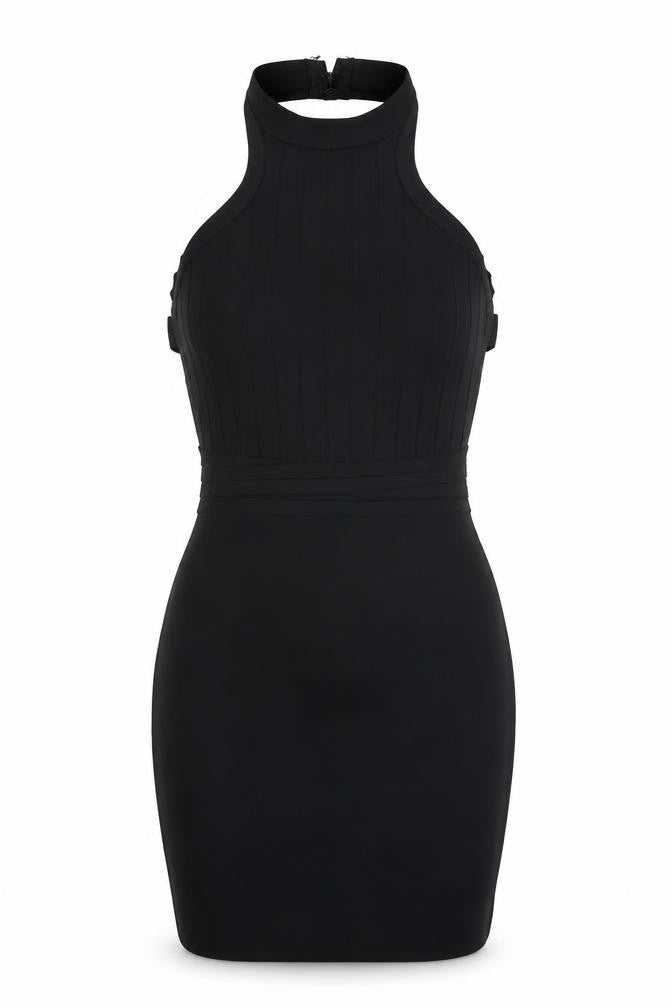 Front view of Boohoo women’s black polyester bodycon, size UK 10, halter zip - backless