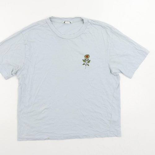 Monki Womens Blue Cotton Basic T-Shirt Size S Crew Neck - Embroidered Detail