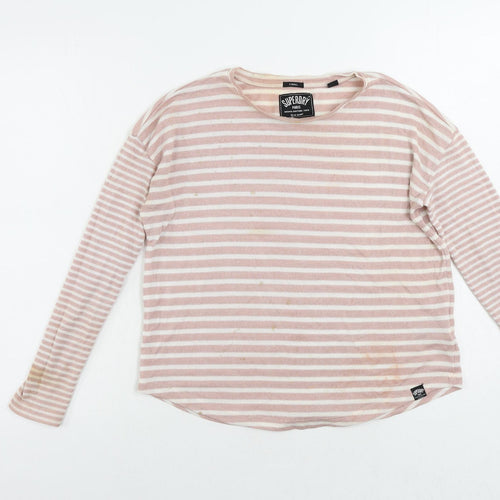 Superdry Womens Pink Round Neck Striped Viscose Pullover Jumper Size XS - Vintage Logo