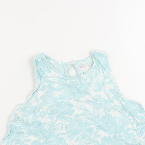 Marks and Spencer Girls Blue Floral Viscose Pullover Tank Size 11-12 Years Round Neck Button - Layered