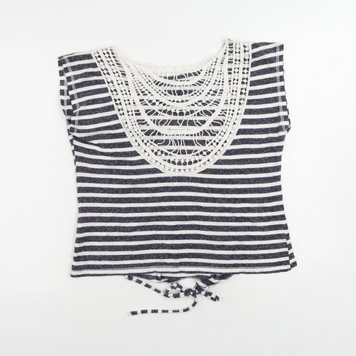 Aniston Womens Blue Striped Cotton Basic T-Shirt Size 14 Round Neck - Crochet Detail
