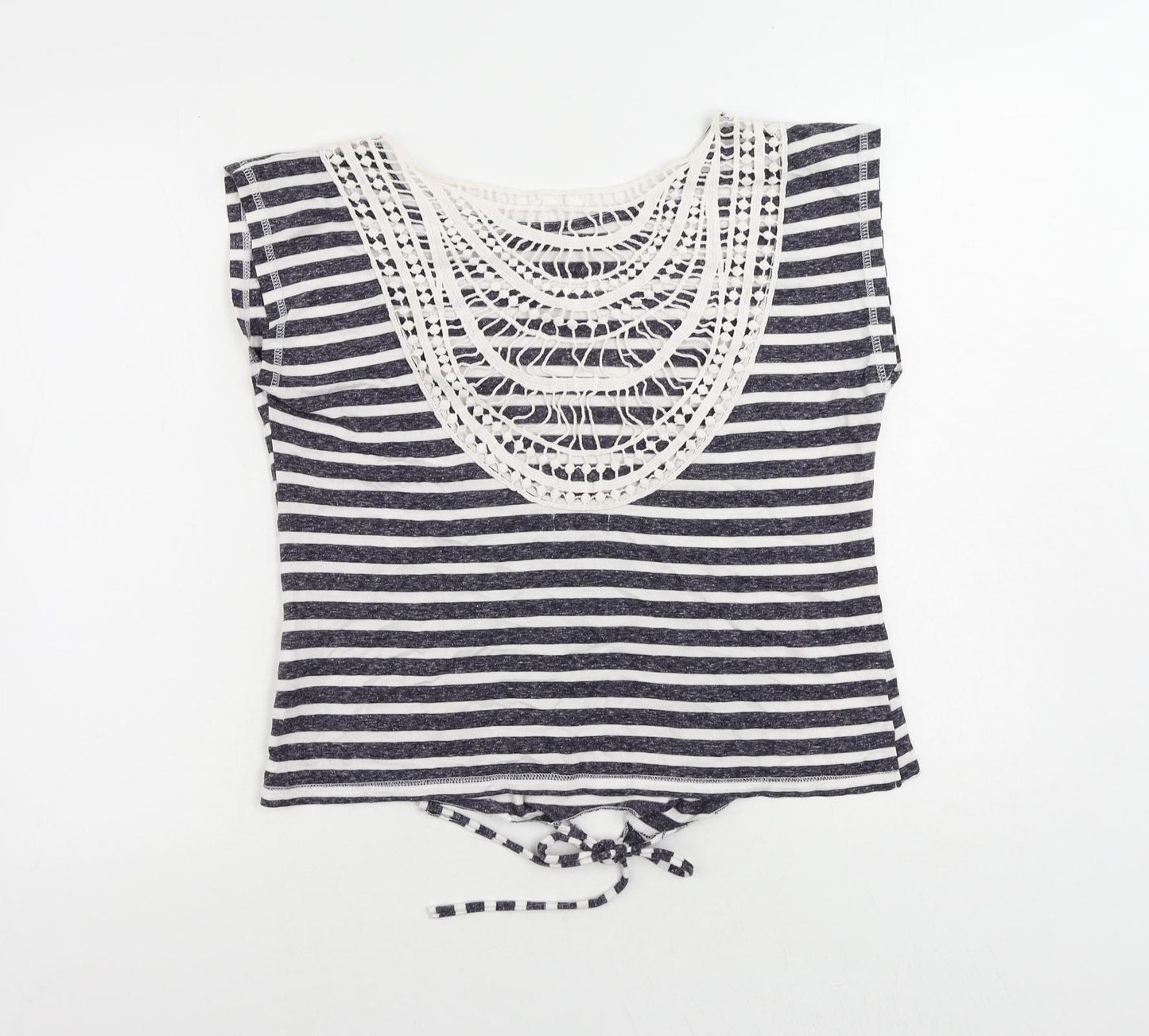 Aniston Womens Blue Striped Cotton Basic T-Shirt Size 14 Round Neck - Crochet Detail