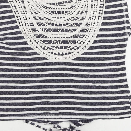 Aniston Womens Blue Striped Cotton Basic T-Shirt Size 14 Round Neck - Crochet Detail