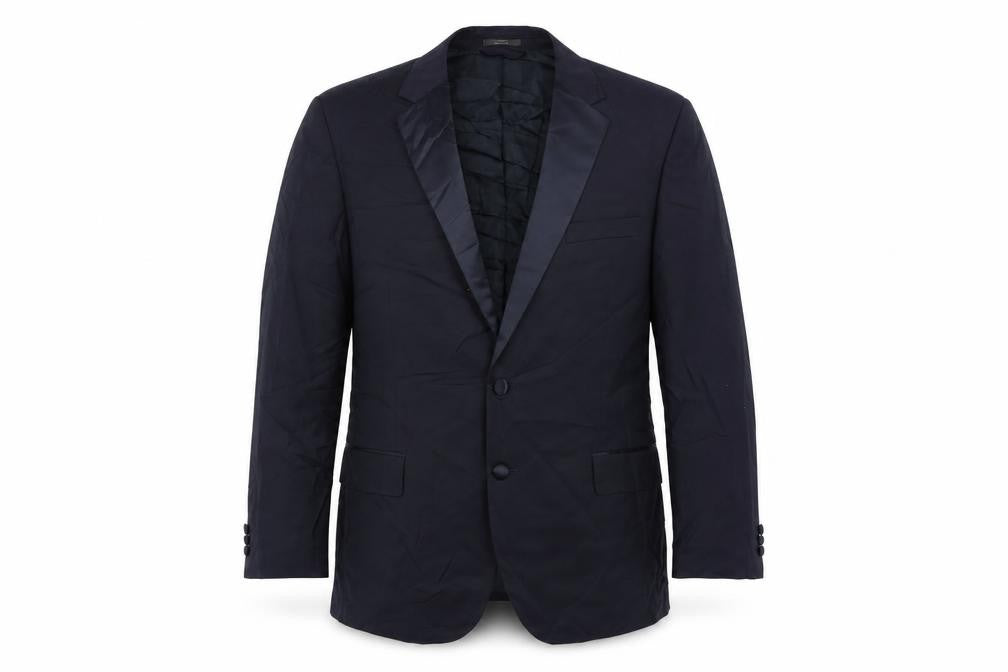Front view of Marks & Spencer men’s blue polyester tuxedo suit jacket, size 44, regular