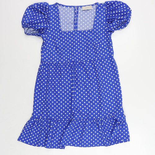 Coast Womens Blue Polka Dot Polyester Mini Size 10 Square Neck Pullover - Ruffle