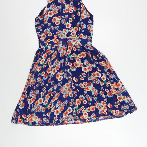 Style London Womens Blue Floral Polyester Fit & Flare Size S Round Neck Zip