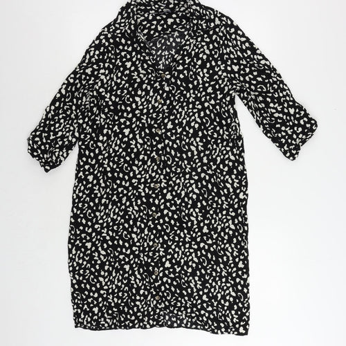 Blue Chameleon Womens Black Animal Print Viscose Shirt Dress Size 10 Collared Button