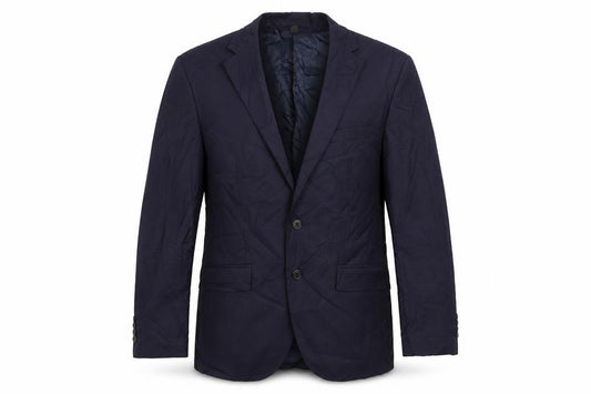 Front view of Marks & Spencer men’s blue polyester jacket suit jacket, size 40, regular