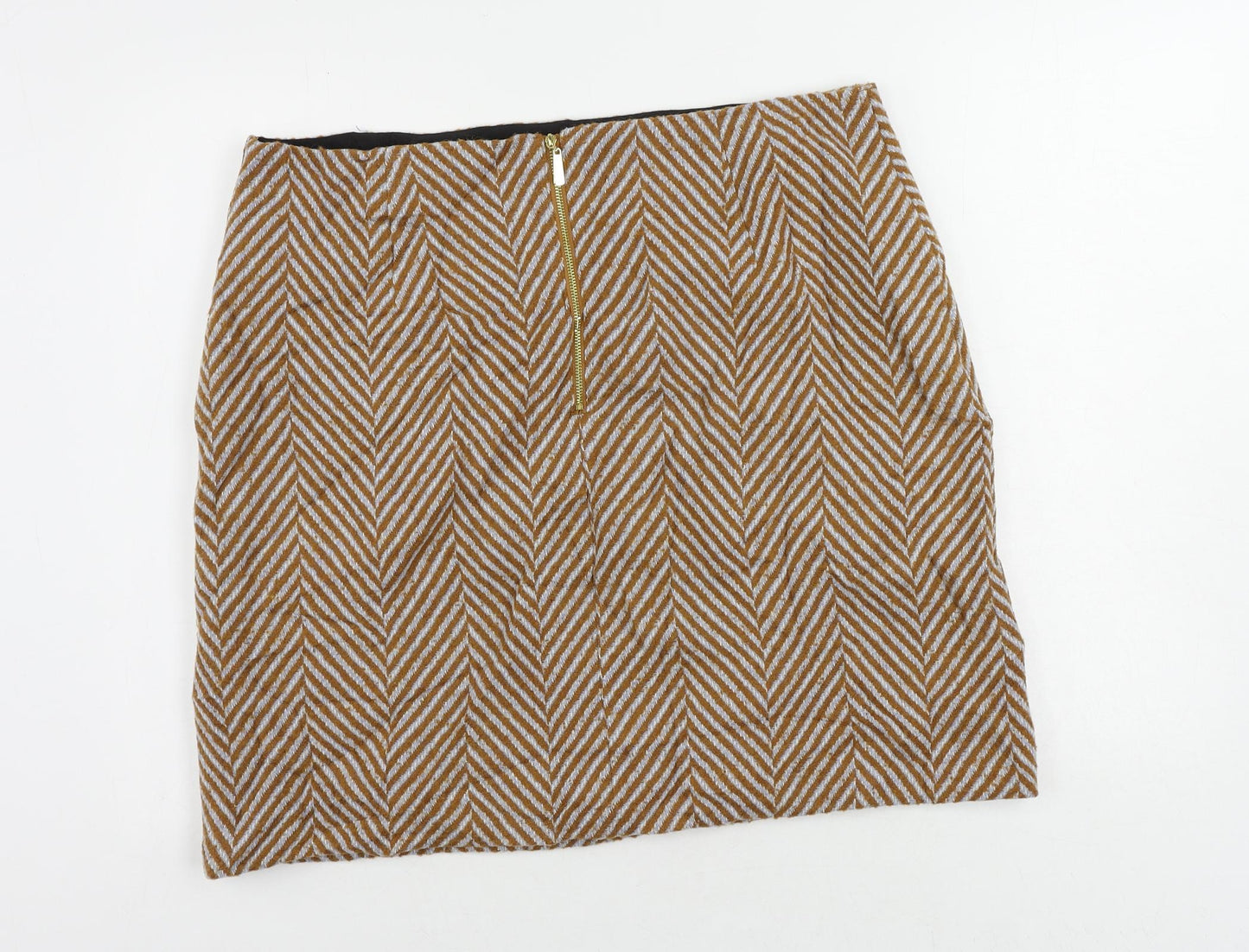 Marks and Spencer Womens Brown Striped Polyester A-Line Skirt Size 18 Zip
