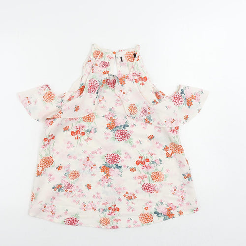 New Look Womens White Floral Polyester Basic Blouse Size 10 Square Neck - Ruffle