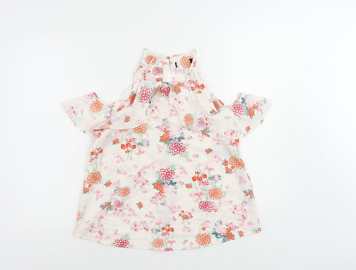 New Look Womens White Floral Polyester Basic Blouse Size 10 Square Neck - Ruffle