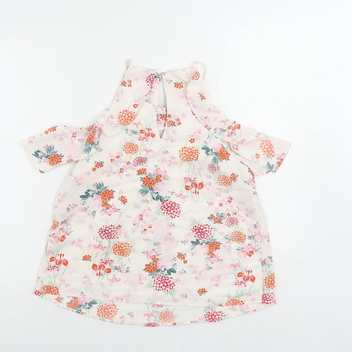 New Look Womens White Floral Polyester Basic Blouse Size 10 Square Neck - Ruffle