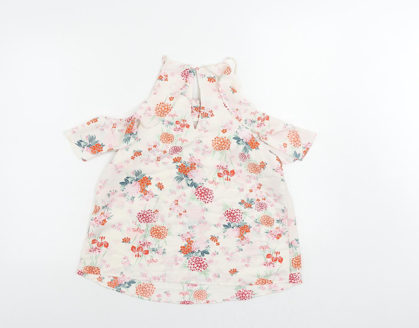 New Look Womens White Floral Polyester Basic Blouse Size 10 Square Neck - Ruffle