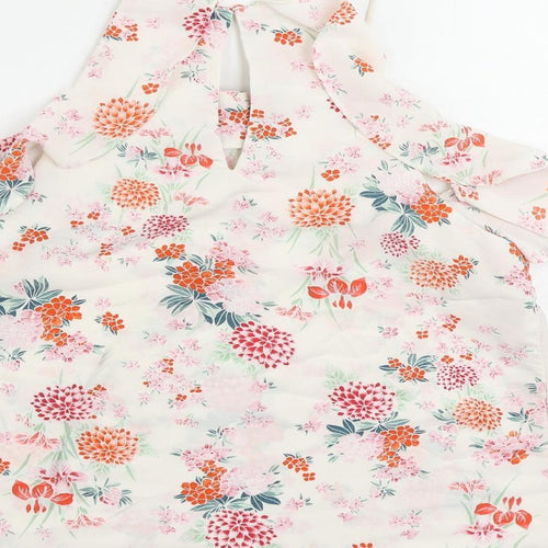 New Look Womens White Floral Polyester Basic Blouse Size 10 Square Neck - Ruffle