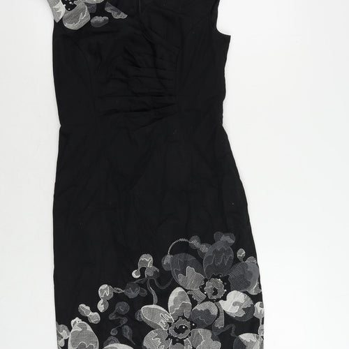 Kaliko Womens Black Cotton Pencil Dress Size 8 V-Neck Zip - Embroidered