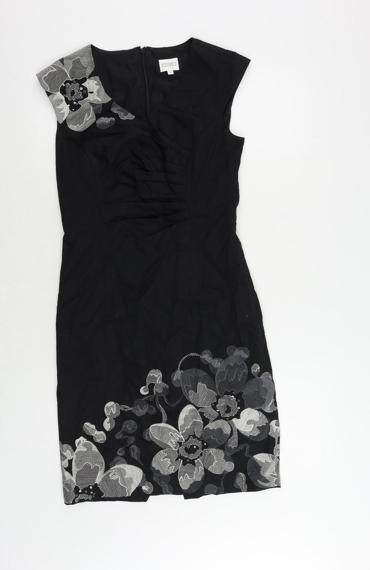 Kaliko Womens Black Cotton Pencil Dress Size 8 V-Neck Zip - Embroidered