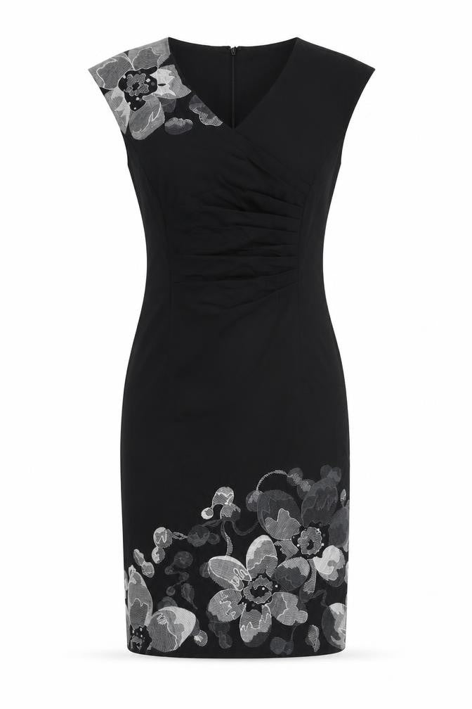 Kaliko Womens Black Cotton Pencil Dress Size 8 V-Neck Zip - Embroidered