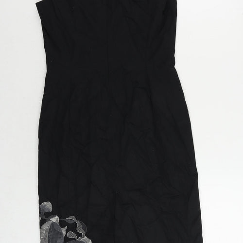 Kaliko Womens Black Cotton Pencil Dress Size 8 V-Neck Zip - Embroidered
