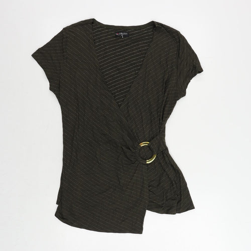 Bonmarché Womens Green Striped Viscose Wrap Blouse Size M V-Neck - Buckle Detail