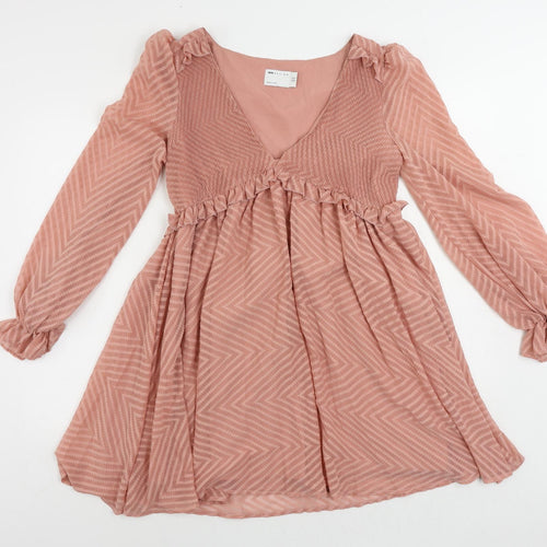 ASOS Womens Pink Striped Polyester Fit & Flare Size 8 V-Neck Pullover - Ruffle