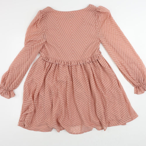 ASOS Womens Pink Striped Polyester Fit & Flare Size 8 V-Neck Pullover - Ruffle