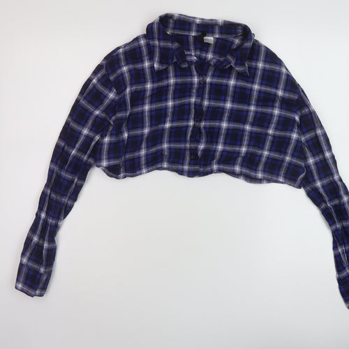 H&M Womens Blue Plaid Cotton Cropped Button-Up Size M Collared