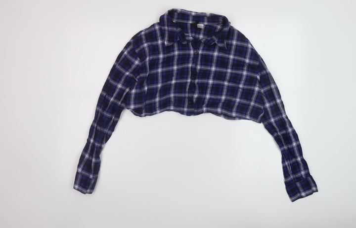 H&M Womens Blue Plaid Cotton Cropped Button-Up Size M Collared