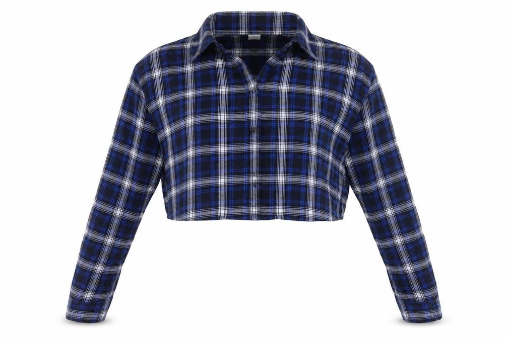 Front view of H&M women’s blue plaid cotton cropped button-up, size M, collared