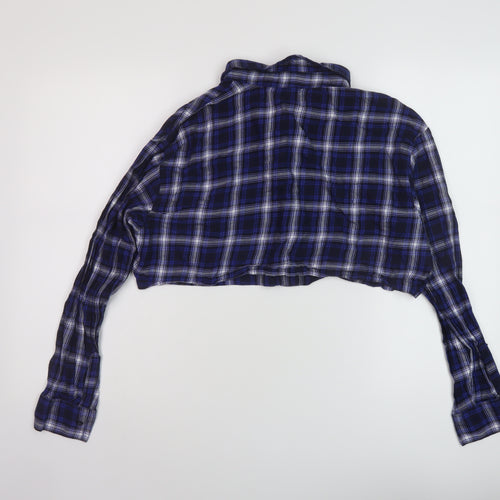 H&M Womens Blue Plaid Cotton Cropped Button-Up Size M Collared