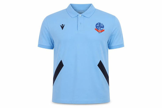 Front view of Macron men’s blue cotton polo, size M, collared button