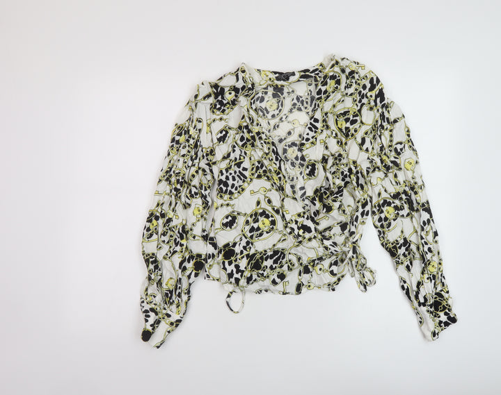 Topshop Womens White Geometric Viscose Basic Blouse Size 6 V-Neck