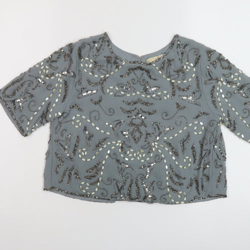 Lace and Beads Womens Grey Geometric Polyester Cropped Blouse Size S Round Neck