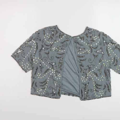Lace and Beads Womens Grey Geometric Polyester Cropped Blouse Size S Round Neck