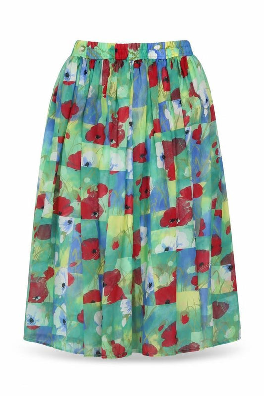 Front view of LUCIA women’s multicoloured floral polyester pleated skirt, size UK 12