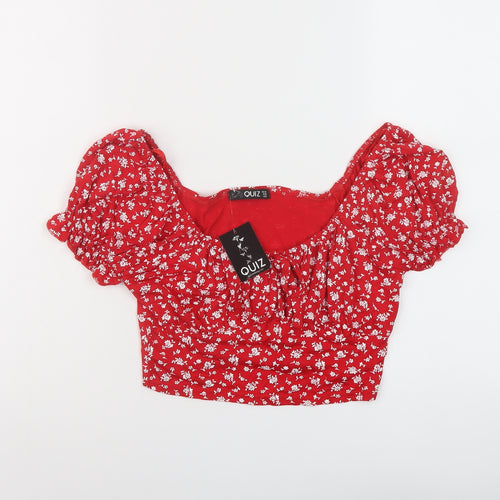 Quiz Womens Red Floral Viscose Cropped Blouse Size 10 Round Neck