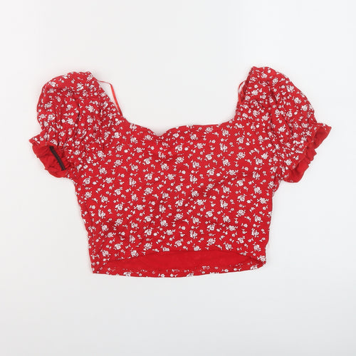 Quiz Womens Red Floral Viscose Cropped Blouse Size 10 Round Neck