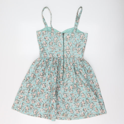 Miss Selfridge Womens Blue Floral Polyester Mini Size 8 Sweetheart Zip