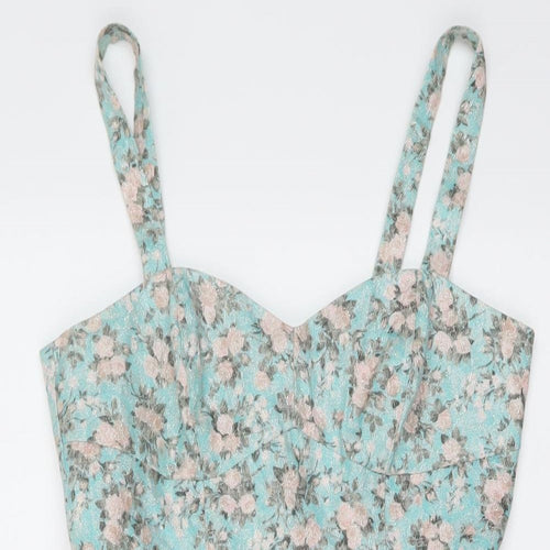 Miss Selfridge Womens Blue Floral Polyester Mini Size 8 Sweetheart Zip