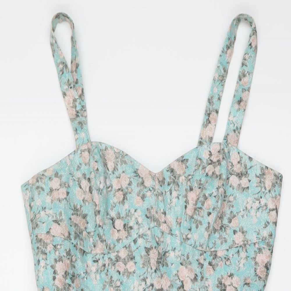 Miss Selfridge Womens Blue Floral Polyester Mini Size 8 Sweetheart Zip