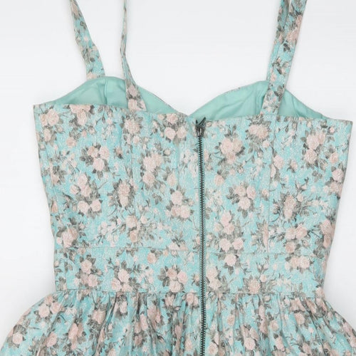 Miss Selfridge Womens Blue Floral Polyester Mini Size 8 Sweetheart Zip