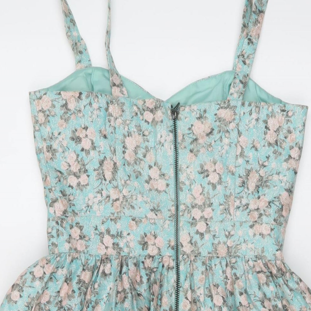 Miss Selfridge Womens Blue Floral Polyester Mini Size 8 Sweetheart Zip