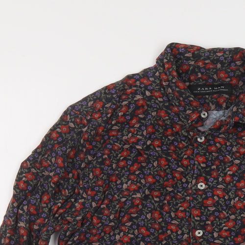 Zara Womens Multicoloured Floral Viscose Basic Button-Up Size M Collared