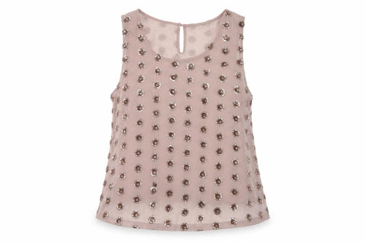 Front view of New Look women’s pink geometric polyester basic tank, size UK 12, round neck
