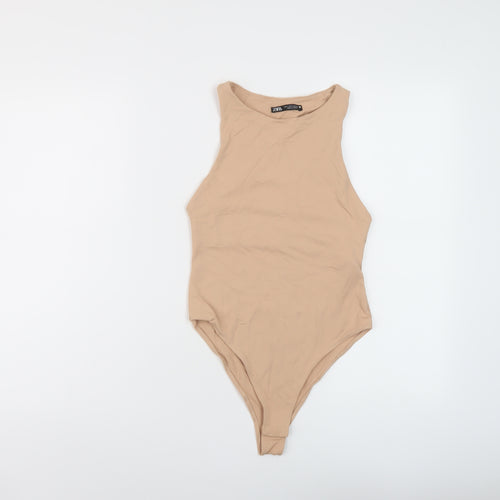Zara Womens Beige Polyamide Bodysuit One-Piece Size S Snap