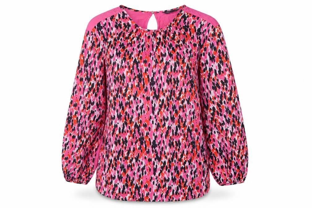 Front view of Marks & Spencer women’s pink animal print polyester basic blouse, size UK 10, round neck