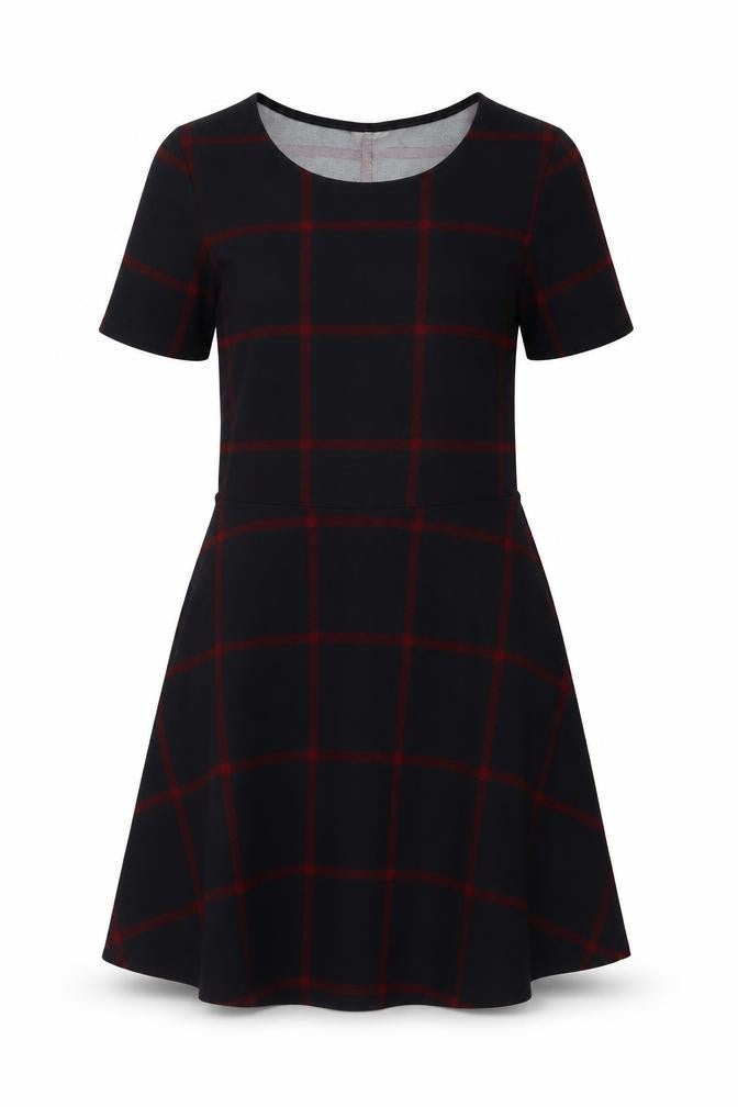 Front view of H&M women’s blue plaid polyester a-line, size UK 10, round neck pullover