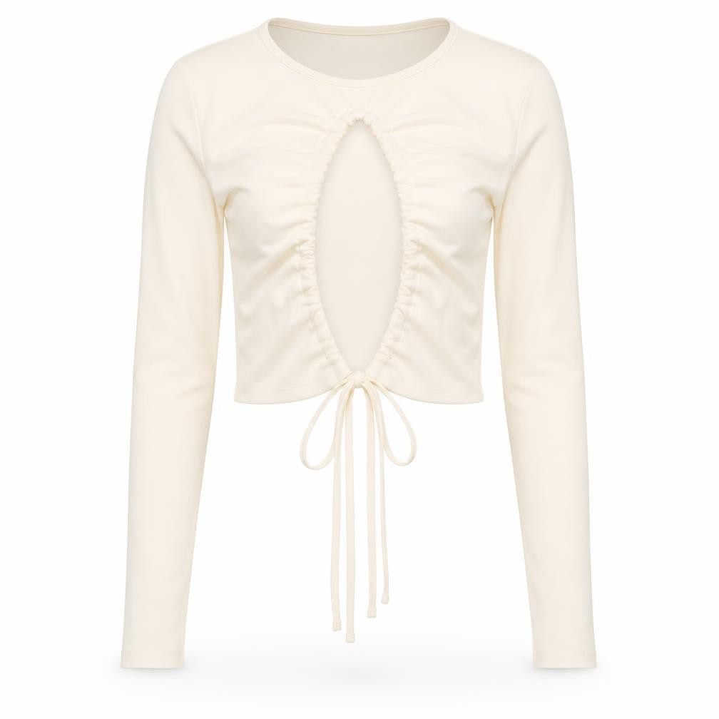 Front view of AsYou women’s ivory polyester cropped blouse, size UK 8, round neck